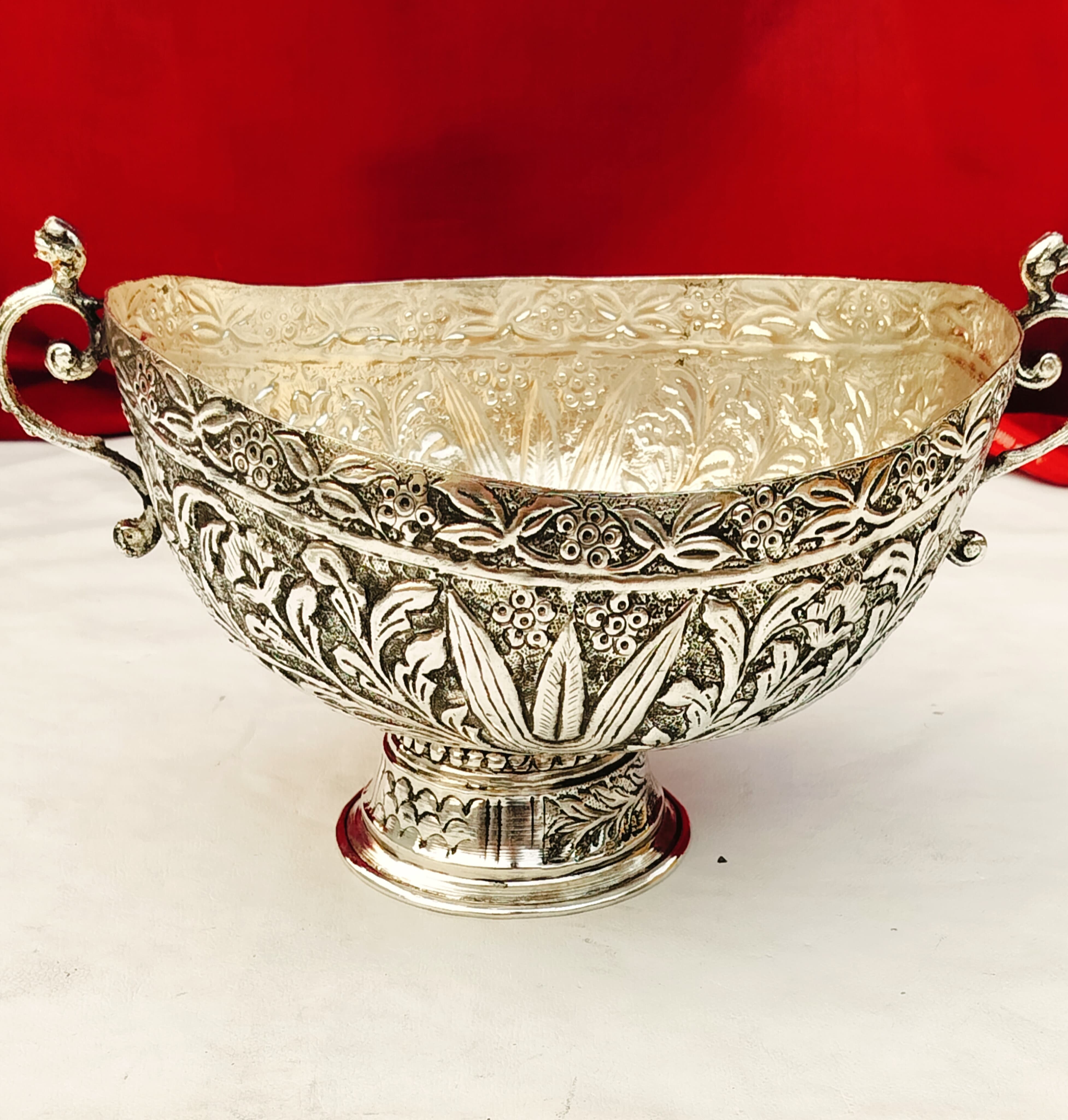 German silver oval urli/fruit snacks bowl with 2 side handle